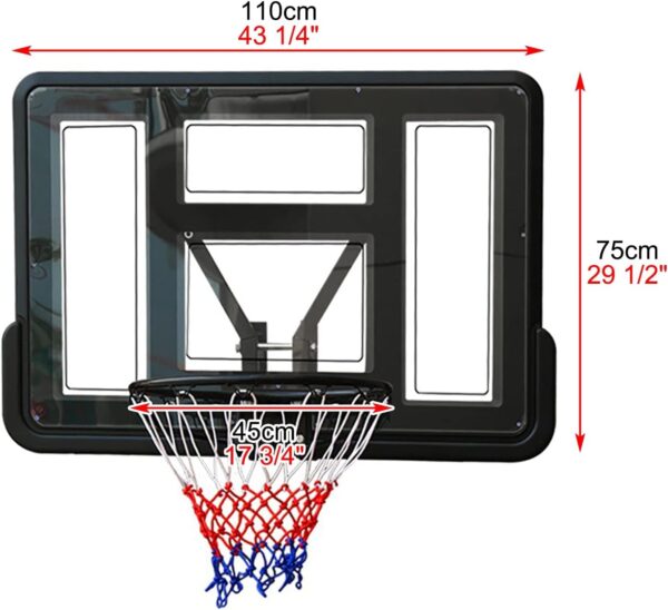 לוח כדורסל שקוף מקצועי 110/75 ס"מ עם הרחקה מהקיר DUNK M007