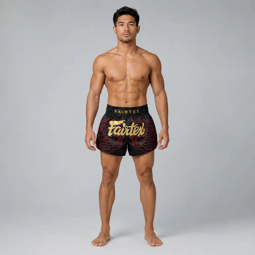 מכנסי מואי תאי Fairtex Lava BS1920 שחור עם להבות אדומות וכיתוב זהב