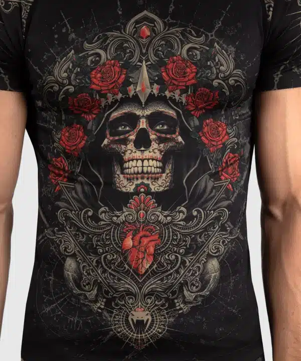 ראשגארד קצר אפור שחור Venum Santa Muerte 5.0 Men’s Short Sleeve Rashguard - Deep Black/Gold