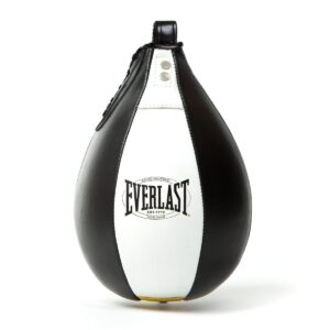 אגס מהירות Everlast 1910 מעור בצבעי שחור ולבן, בגודל 15x23 ס"מ, עם בלון פנימי מלטקס להחזר מהיר ואימון מקצועי.