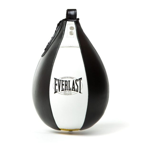 אגס מהירות Everlast 1910 מעור בצבעי שחור ולבן, בגודל 15x23 ס"מ, עם בלון פנימי מלטקס להחזר מהיר ואימון מקצועי.