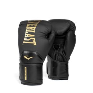 כפפות אגרוף Everlast Elite 2 בצבע שחור וזהב, עם רשת EverCool בכף היד ואגודל מחובר לאחיזה נוחה