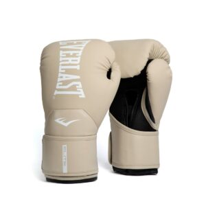 כפפות אגרוף Everlast Elite 2 בצבע Champagne עם לוגו Everlast, עיצוב מודרני ומערכת ריפוד תלת-שכבתית לאימון מקצועי.
