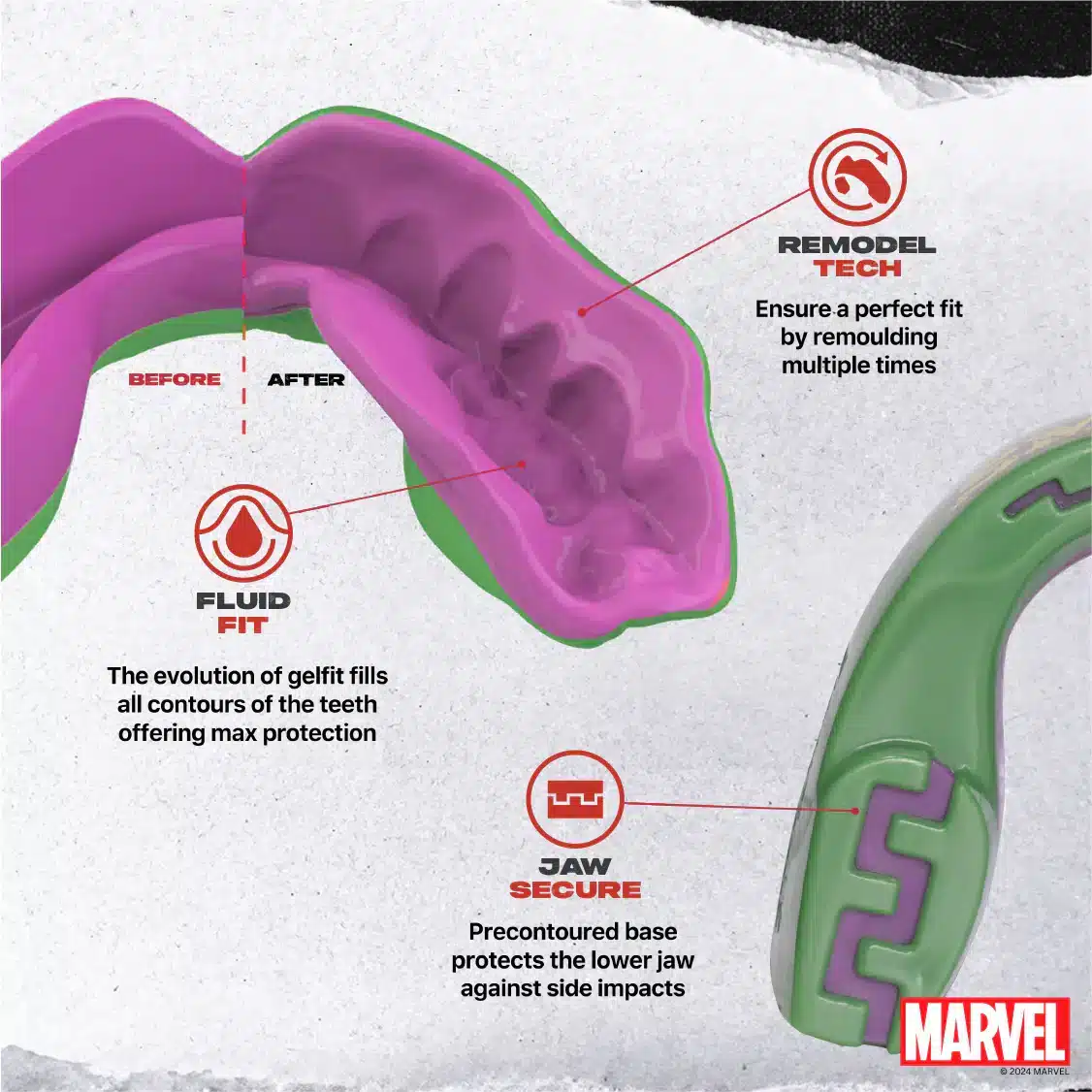 מגן שיניים SafeJawz Marvel – האלק, צבעי ירוק וצהוב, מתאים לילדים ומבוגרים, חלק מקולקציית גיבורי העל