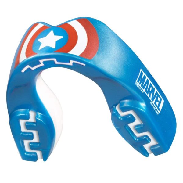 מגן שיניים SafeJawz Marvel – קפטן אמריקה, צבעי כחול אדום לבן, חלק מקולקציית גיבורי העל