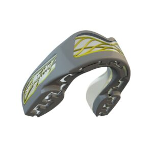 מגן שיניים Safejawz Nitro Series בצבע אפור וצהוב, אנטי-מיקרוביאלי עם מסגרת Shockcage