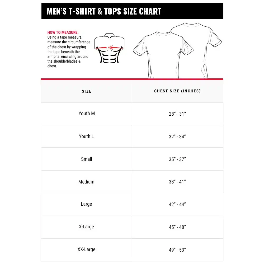 טבלת מידות לחולצת אימון טייטל שחורה - TITLE Boxing Pure Boxer Tee