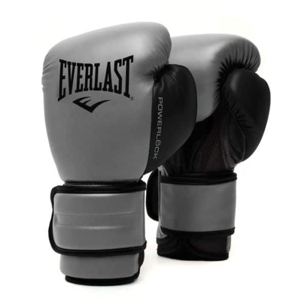 כפפות אגרוף Everlast Powerlock 2R בצבע אפור כהה עם סגירת וולקרו ותמיכה בפרק כף היד.