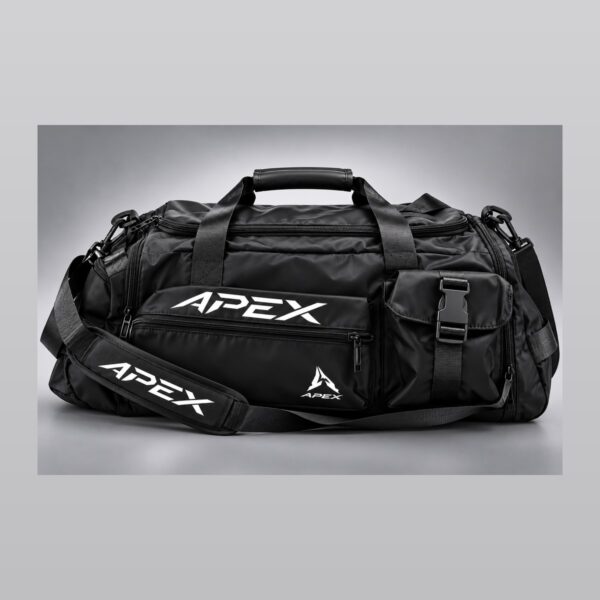 תיק ספורט מקצועי APEX שחור עם לוגו לבן, כיסים חיצוניים, ידיות נשיאה ורצועת כתף מרופדת לאימונים ואומנויות לחימה